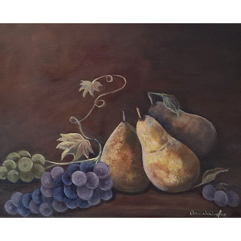 Nature morte à l’huile – 3 poires et raisin, format F4 (24x33 cm)